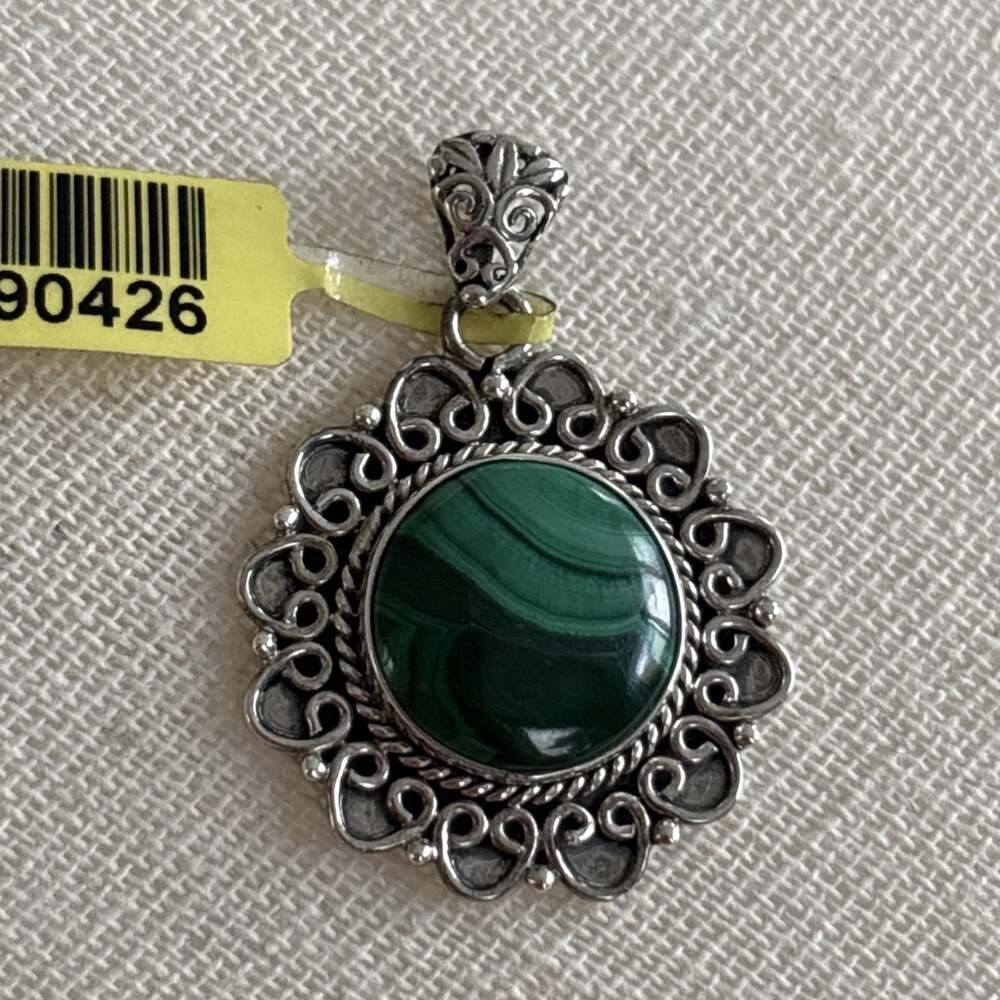 Artisan Crafted African Malachite Womens Round Pendant Sterling Silver Oxidized - Picture 1 of 8